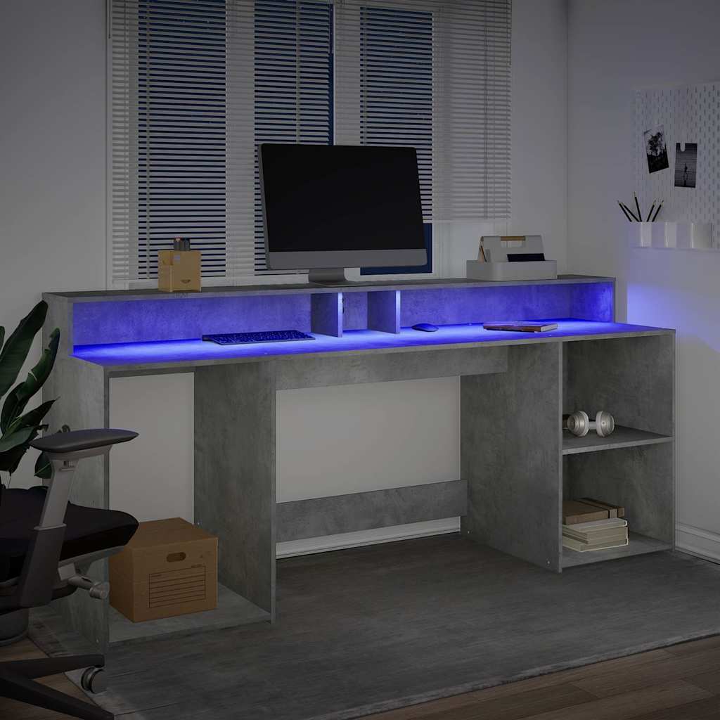vidaXL Biurko z podświetleniem LED, betonowa szarość, 200x55x91 cm