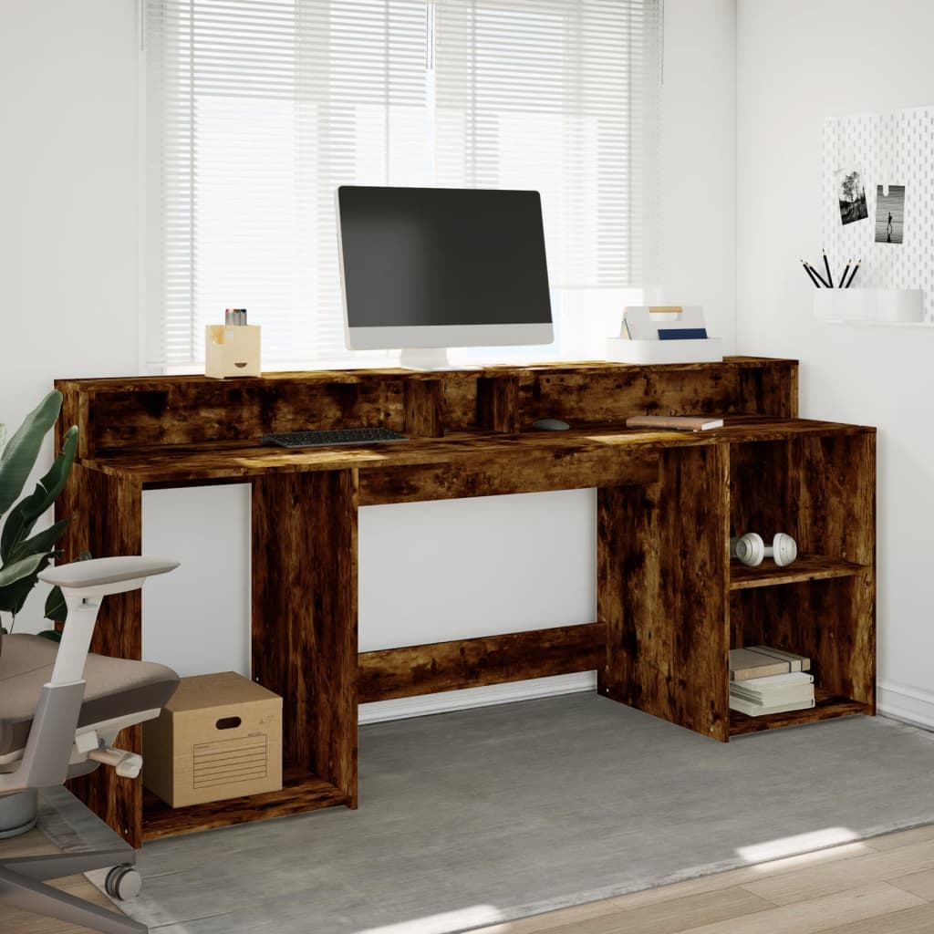 vidaXL Biurko z podświetleniem LED, przydymiony dąb, 200x55x91 cm