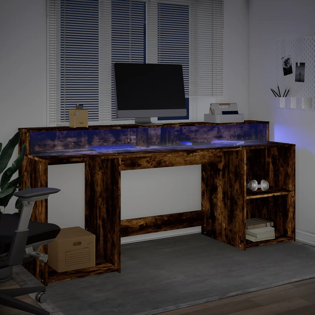 vidaXL Biurko z podświetleniem LED, przydymiony dąb, 200x55x91 cm