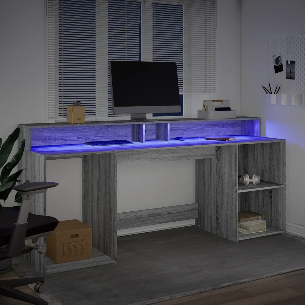 vidaXL Biurko z podświetleniem LED, szary dąb sonoma, 200x55x91 cm