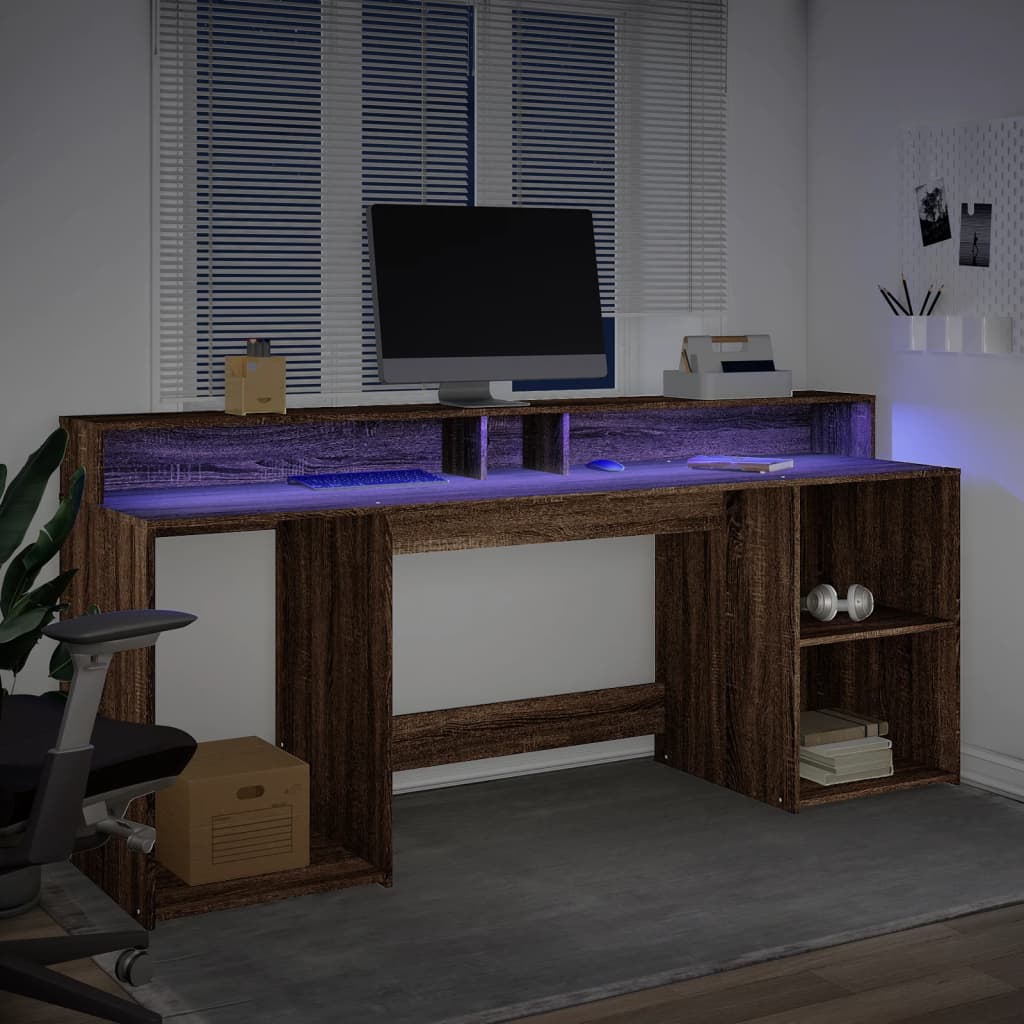 vidaXL Biurko z podświetleniem LED, brązowy dąb, 200x55x91 cm