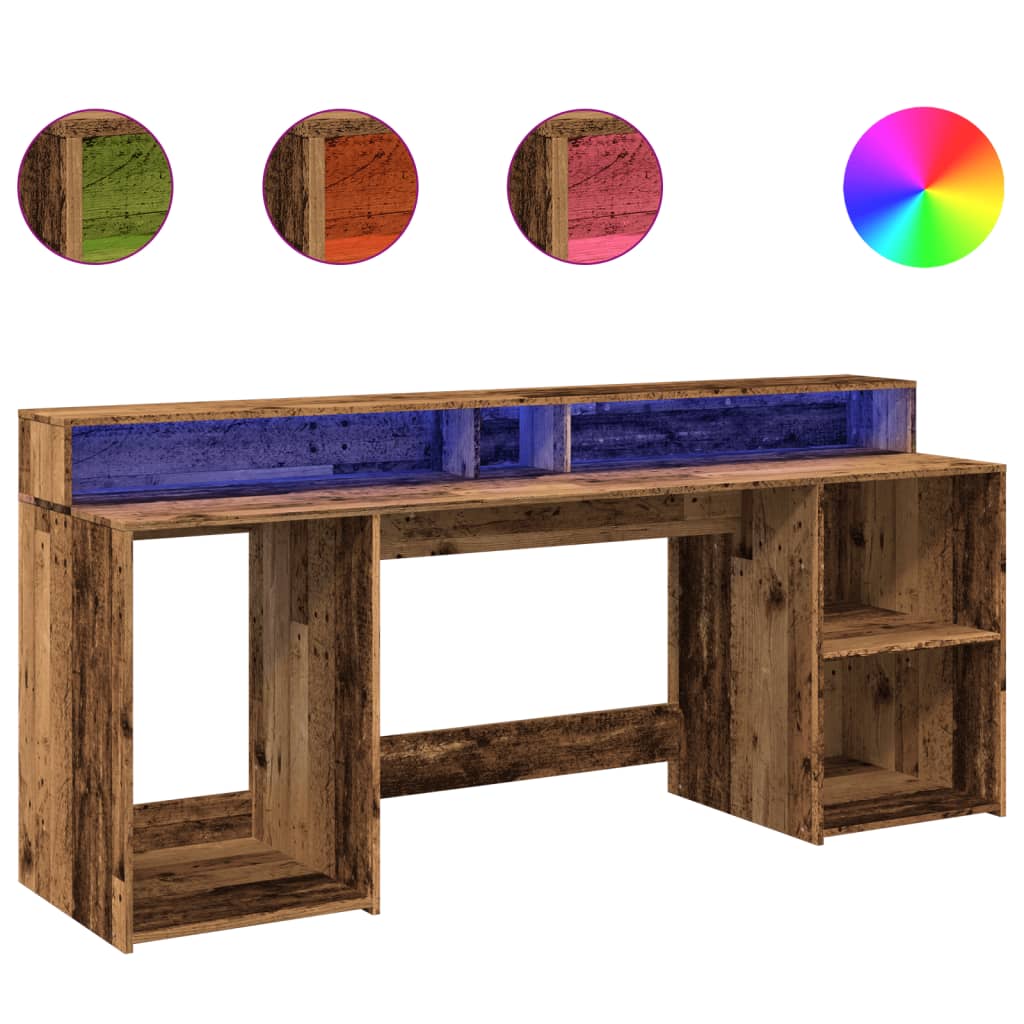 vidaXL Biurko z podświetleniem LED, stare drewno, 200x55x91 cm