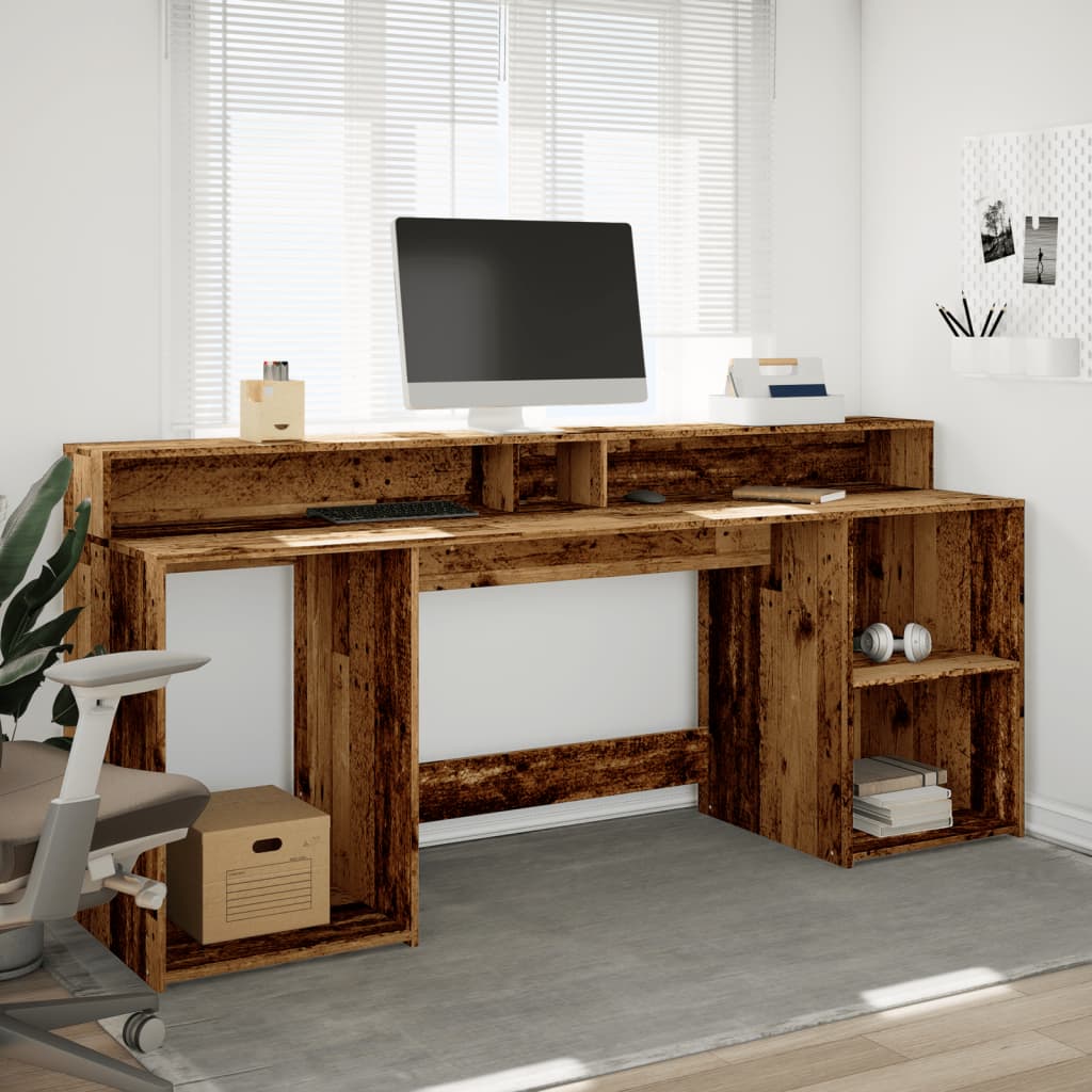vidaXL Biurko z podświetleniem LED, stare drewno, 200x55x91 cm
