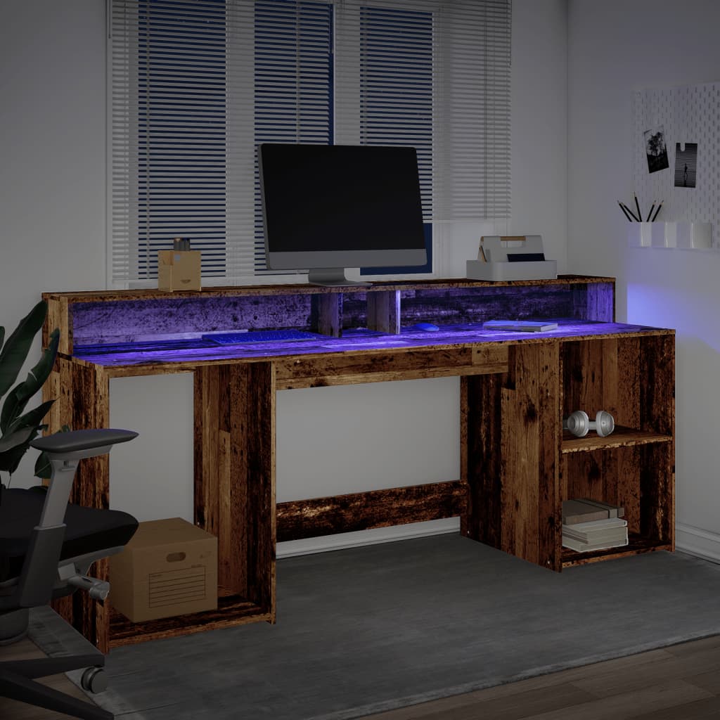 vidaXL Biurko z podświetleniem LED, stare drewno, 200x55x91 cm