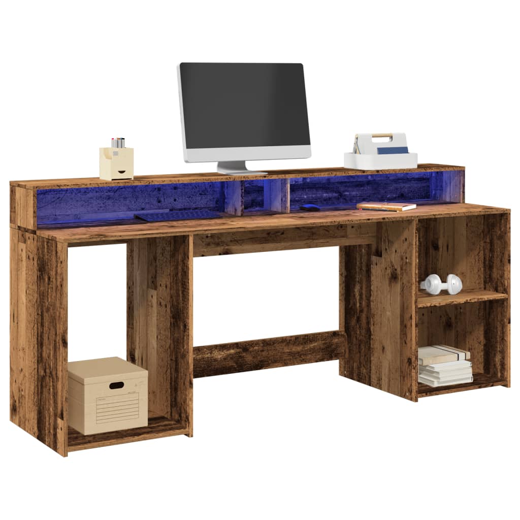 vidaXL Biurko z podświetleniem LED, stare drewno, 200x55x91 cm