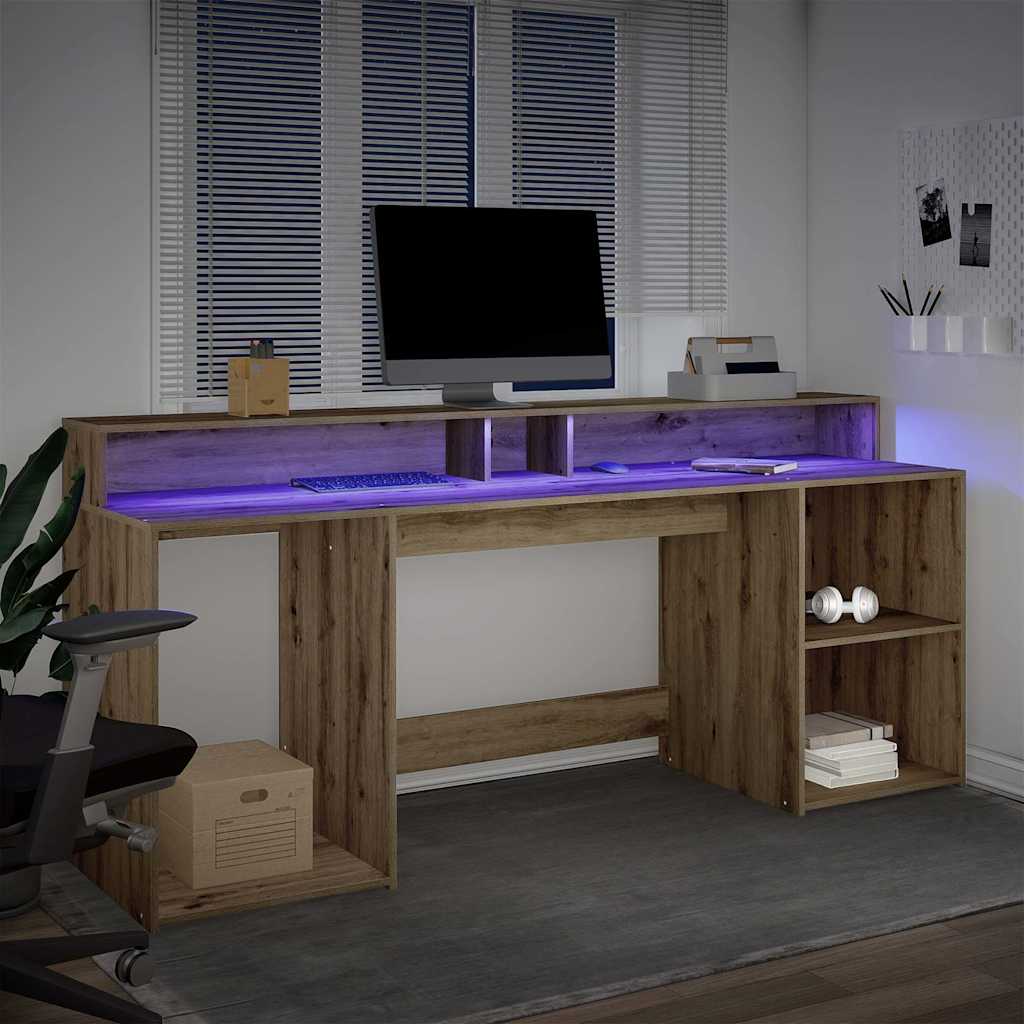 vidaXL Biurko z podświetleniem LED, dąb artisian, 200x55x91 cm