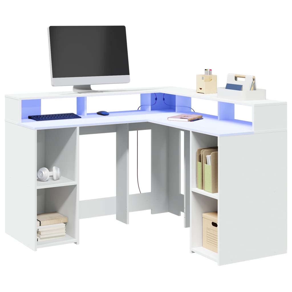 vidaXL Biurko z podświetleniem LED, białe, 130x130x91 cm