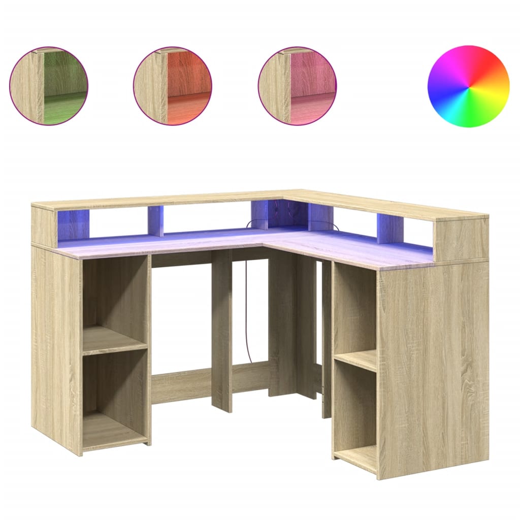 vidaXL Biurko z podświetleniem LED, dąb sonoma, 130x130x91 cm