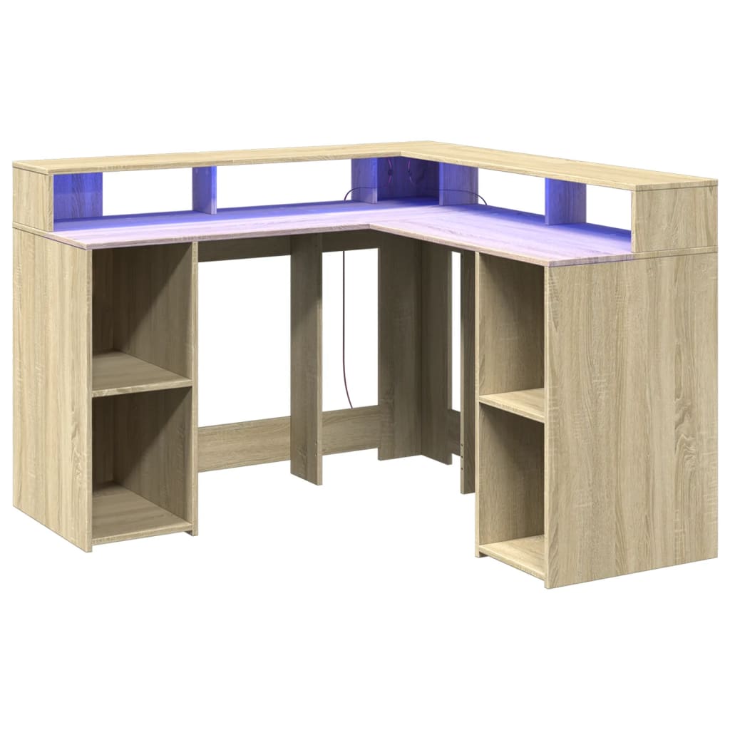 vidaXL Biurko z podświetleniem LED, dąb sonoma, 130x130x91 cm
