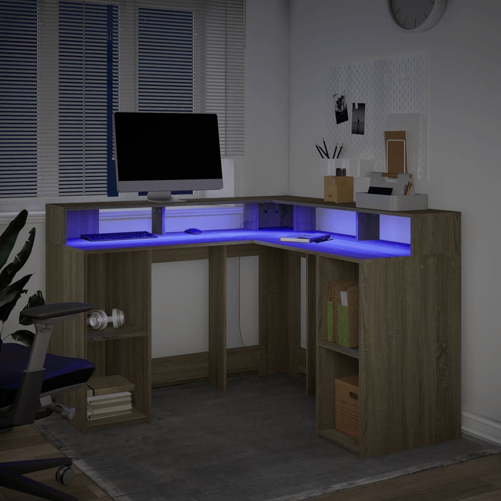 vidaXL Biurko z podświetleniem LED, dąb sonoma, 130x130x91 cm