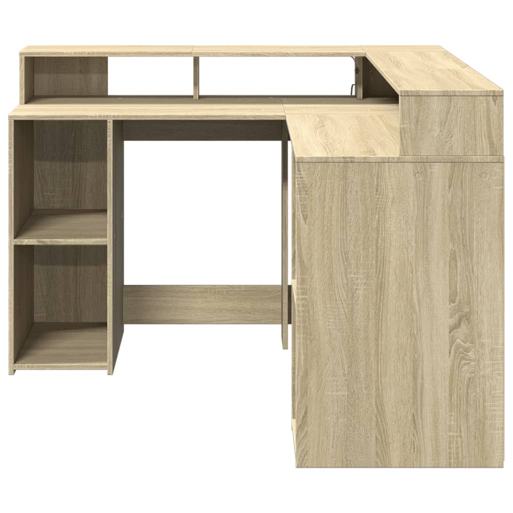 vidaXL Biurko z podświetleniem LED, dąb sonoma, 130x130x91 cm