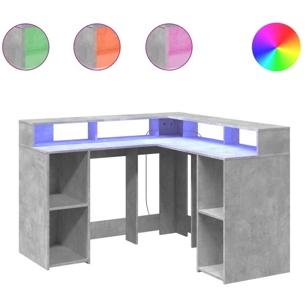 vidaXL Biurko z podświetleniem LED, betonowa szarość, 130x130x91 cm
