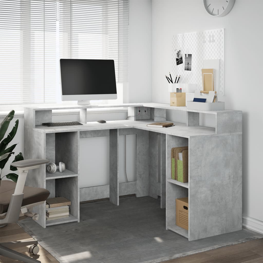 vidaXL Biurko z podświetleniem LED, betonowa szarość, 130x130x91 cm