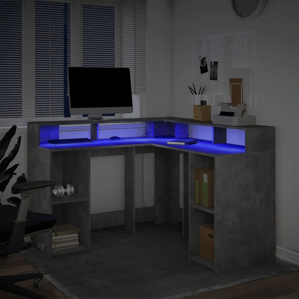 vidaXL Biurko z podświetleniem LED, betonowa szarość, 130x130x91 cm