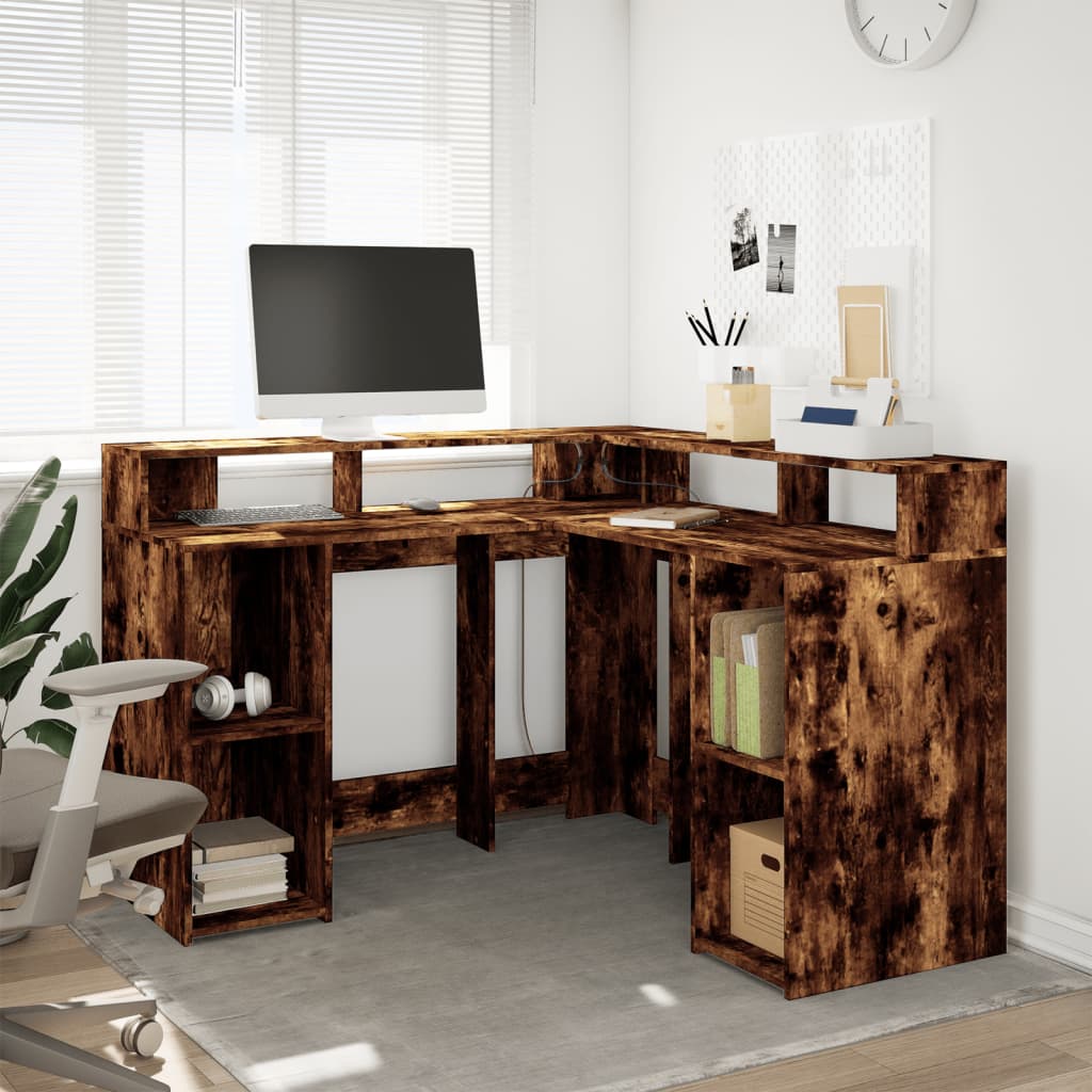 vidaXL Biurko z podświetleniem LED, przydymiony dąb, 130x130x91 cm