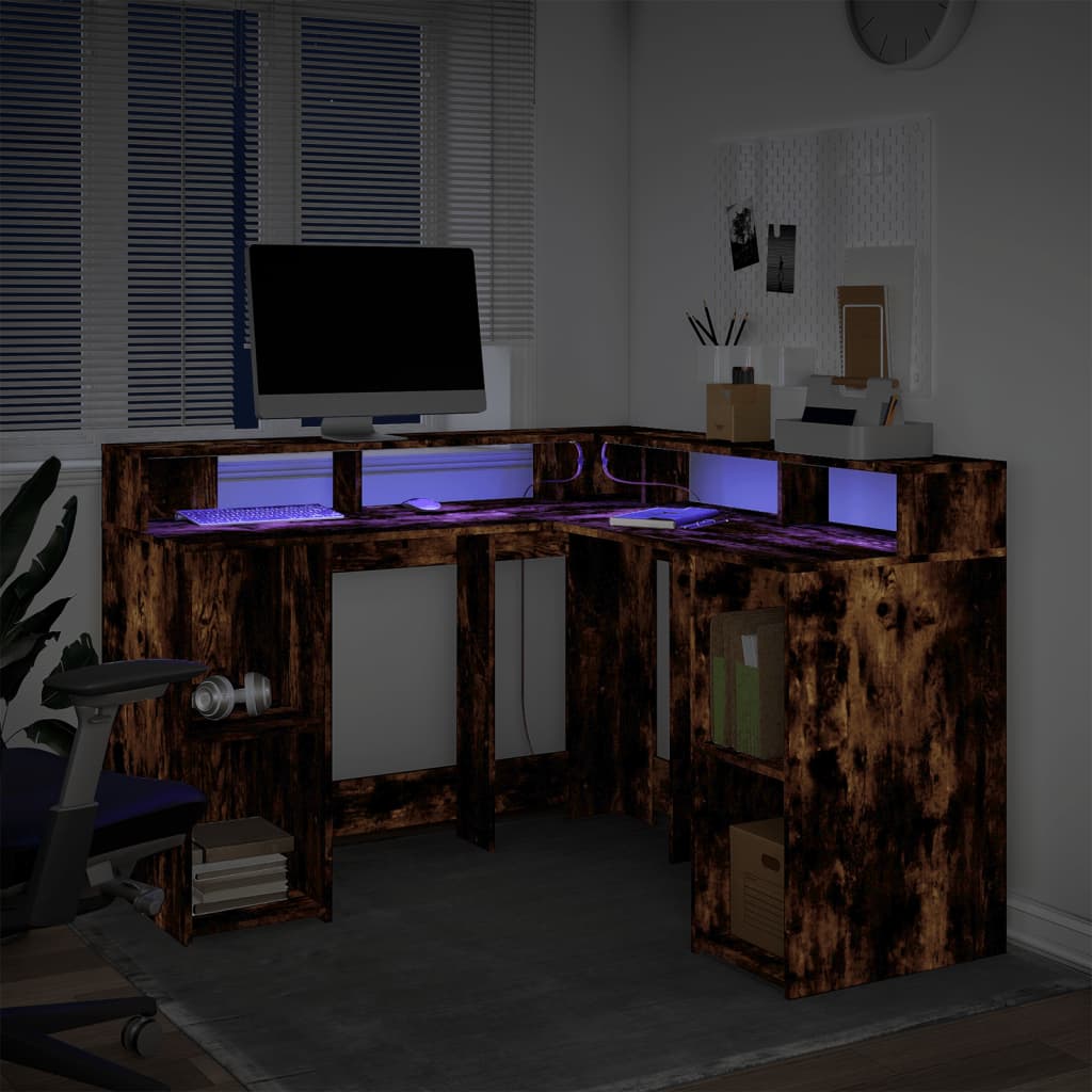 vidaXL Biurko z podświetleniem LED, przydymiony dąb, 130x130x91 cm