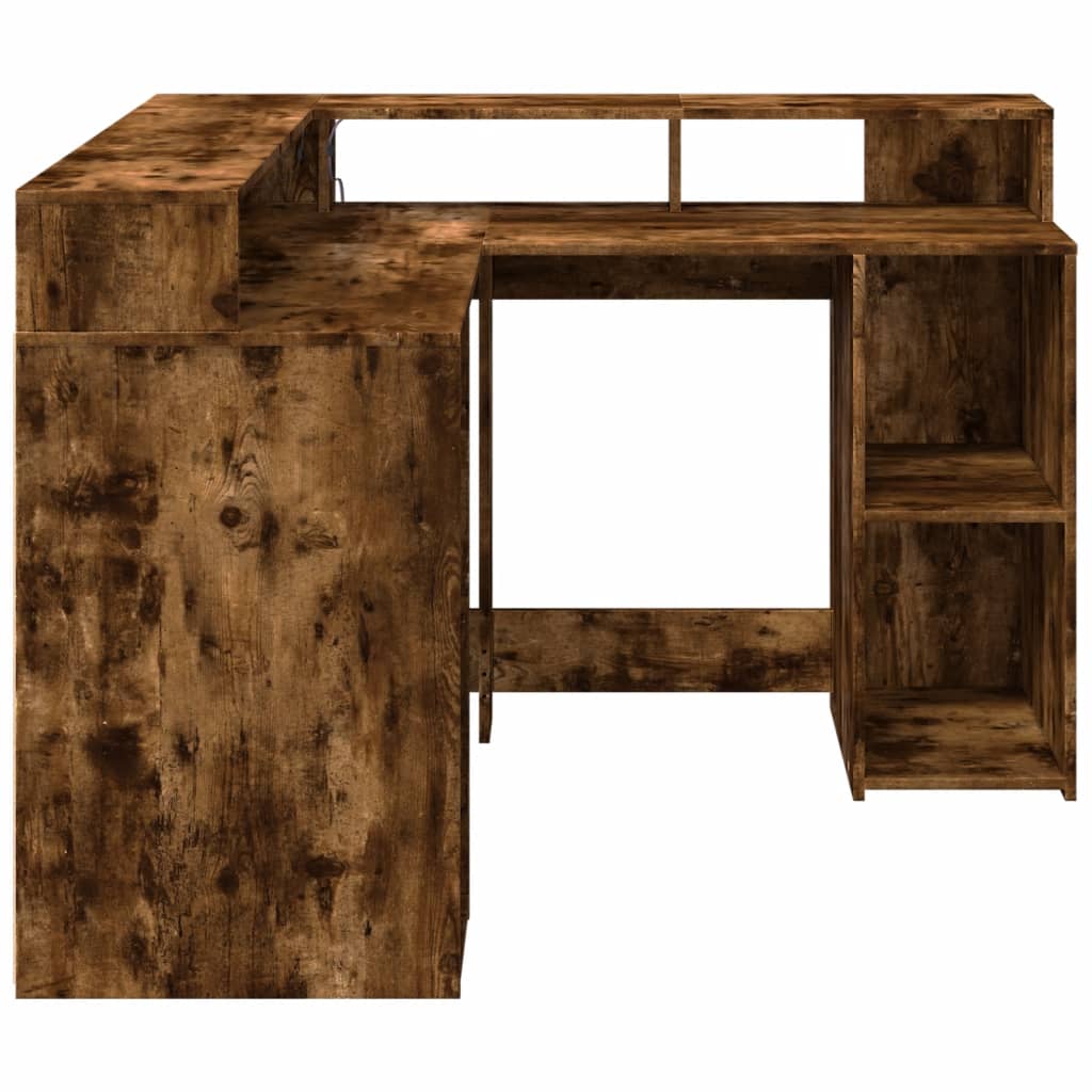 vidaXL Biurko z podświetleniem LED, przydymiony dąb, 130x130x91 cm
