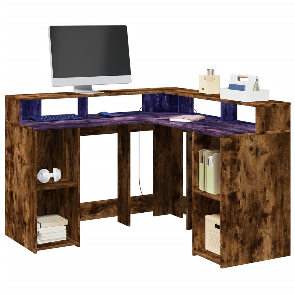 vidaXL Biurko z podświetleniem LED, przydymiony dąb, 130x130x91 cm
