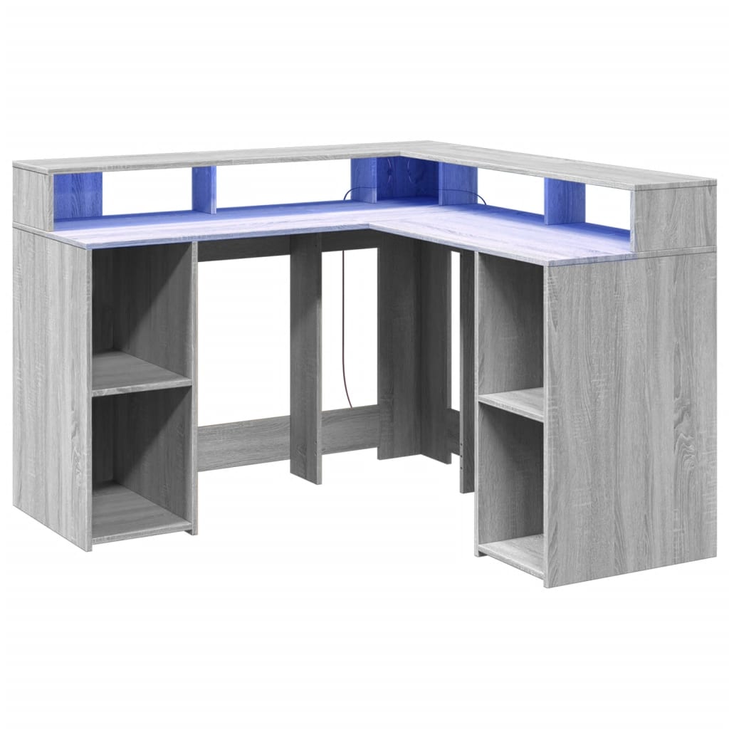 vidaXL Biurko z podświetleniem LED, szary dąb sonoma, 130x130x91 cm