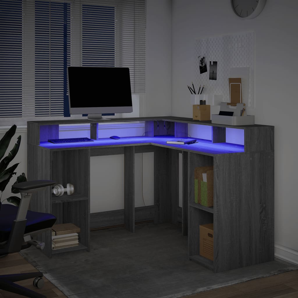 vidaXL Biurko z podświetleniem LED, szary dąb sonoma, 130x130x91 cm