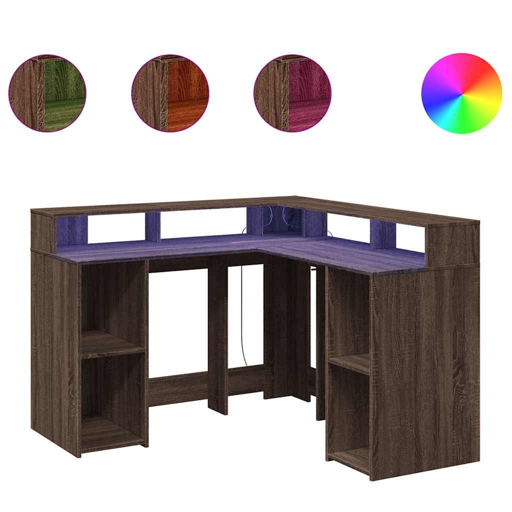 vidaXL Biurko z podświetleniem LED, brązowy dąb, 130x130x91 cm