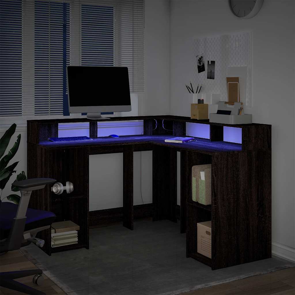 vidaXL Biurko z podświetleniem LED, brązowy dąb, 130x130x91 cm