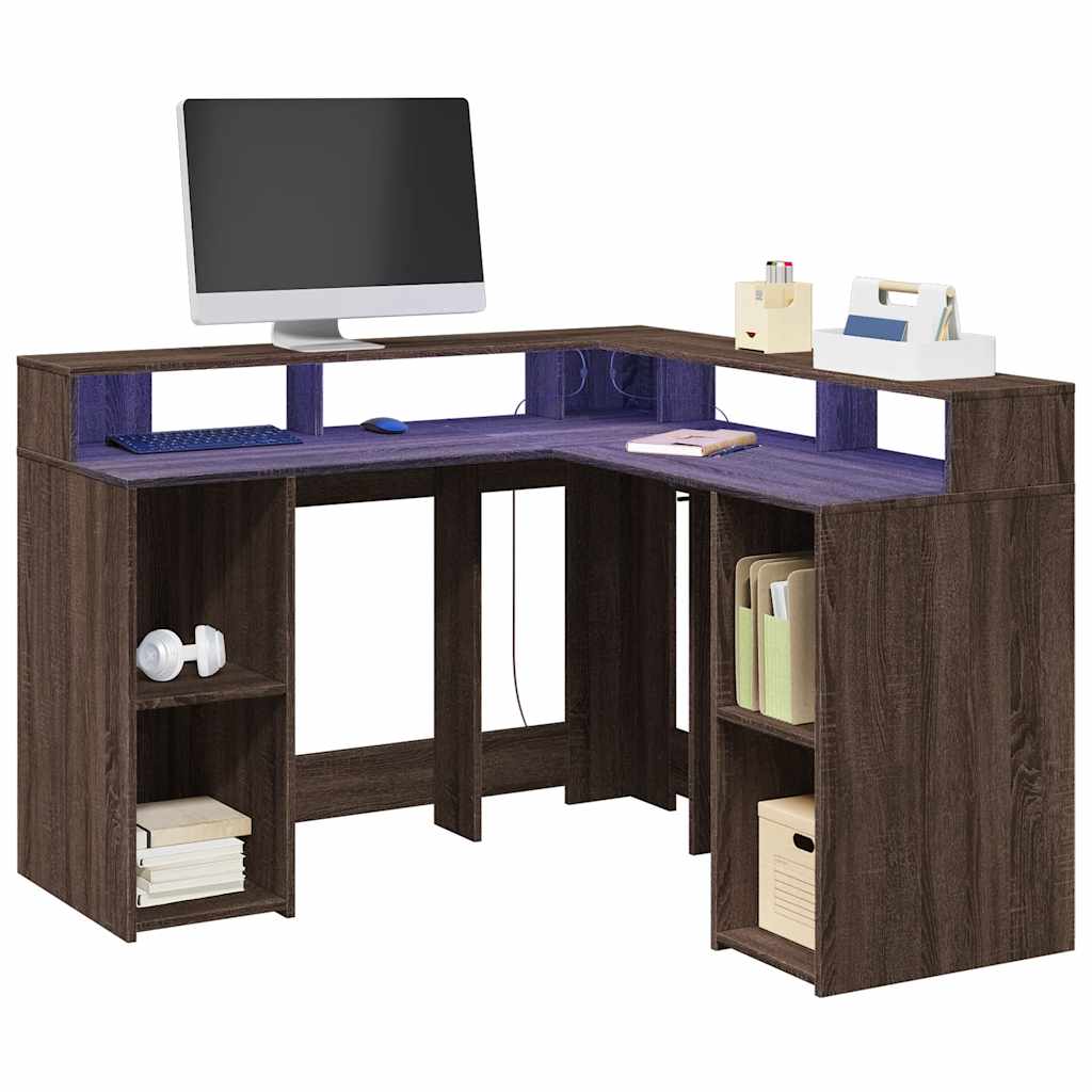 vidaXL Biurko z podświetleniem LED, brązowy dąb, 130x130x91 cm