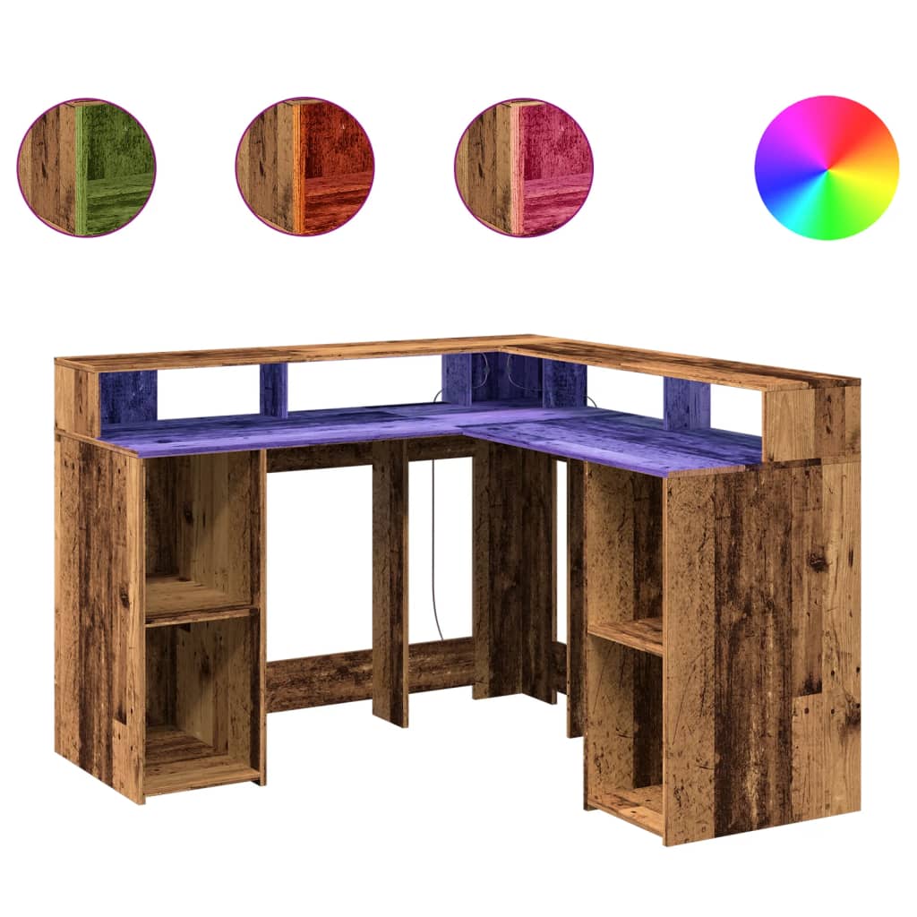vidaXL Biurko z podświetleniem LED, stare drewno, 130x130x91 cm