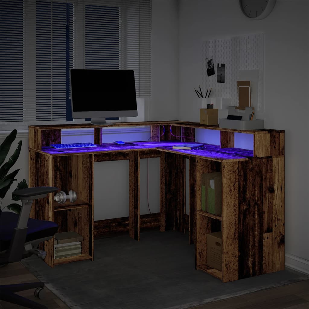 vidaXL Biurko z podświetleniem LED, stare drewno, 130x130x91 cm