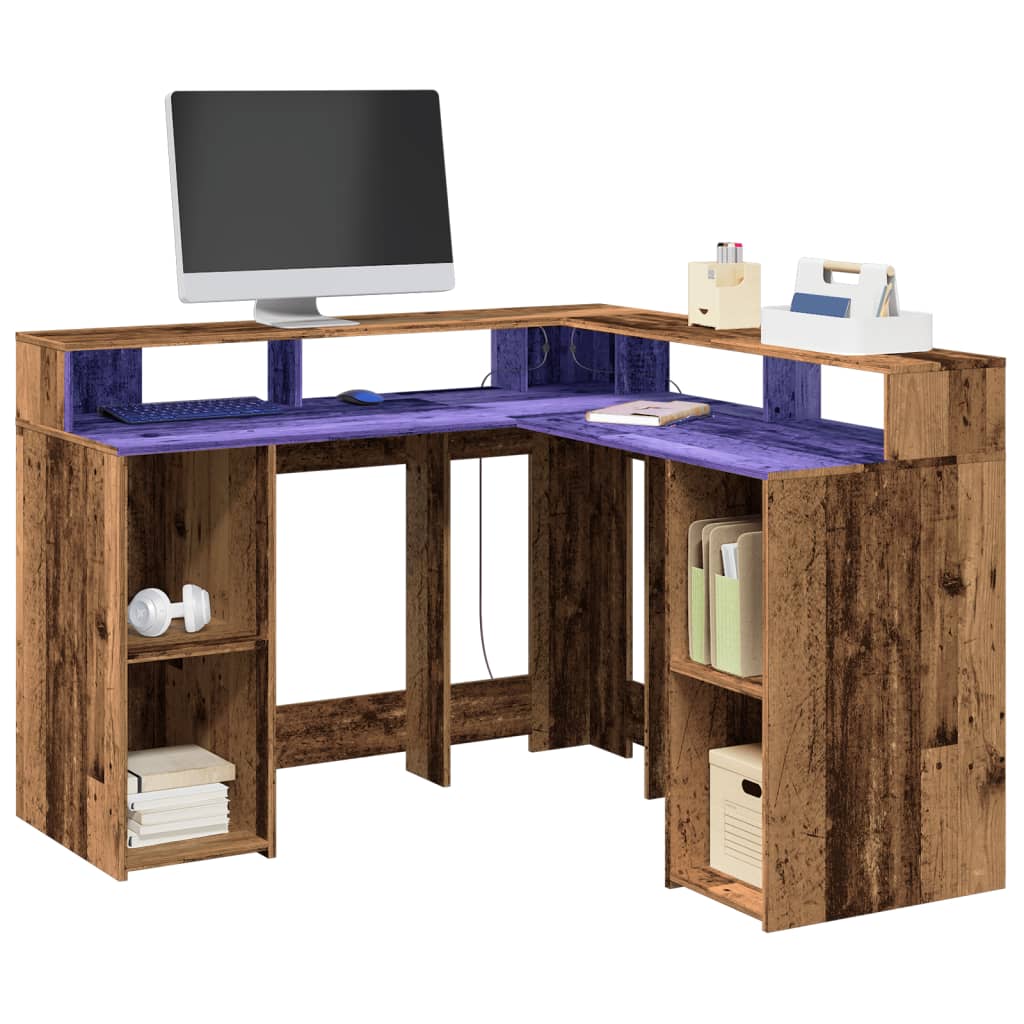 vidaXL Biurko z podświetleniem LED, stare drewno, 130x130x91 cm