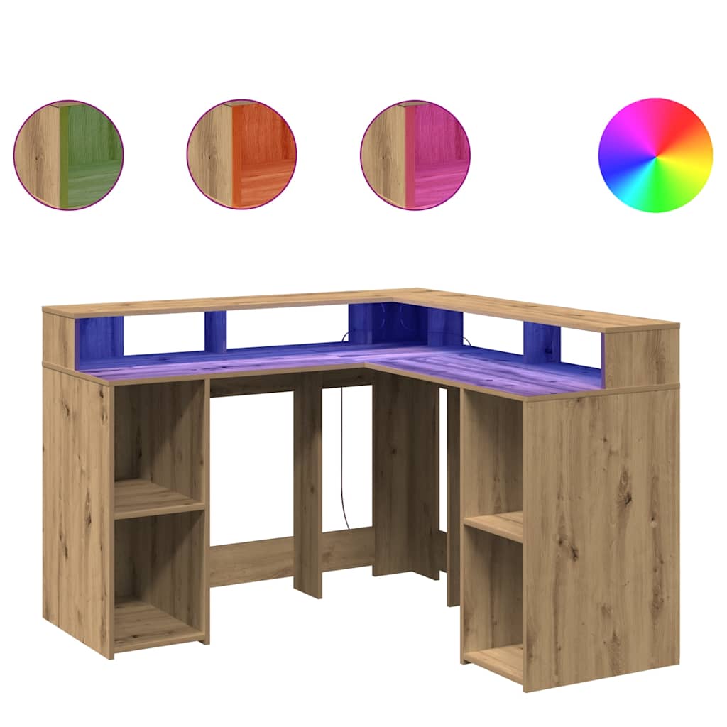 vidaXL Biurko z podświetleniem LED, dąb artisian, 130x130x91 cm