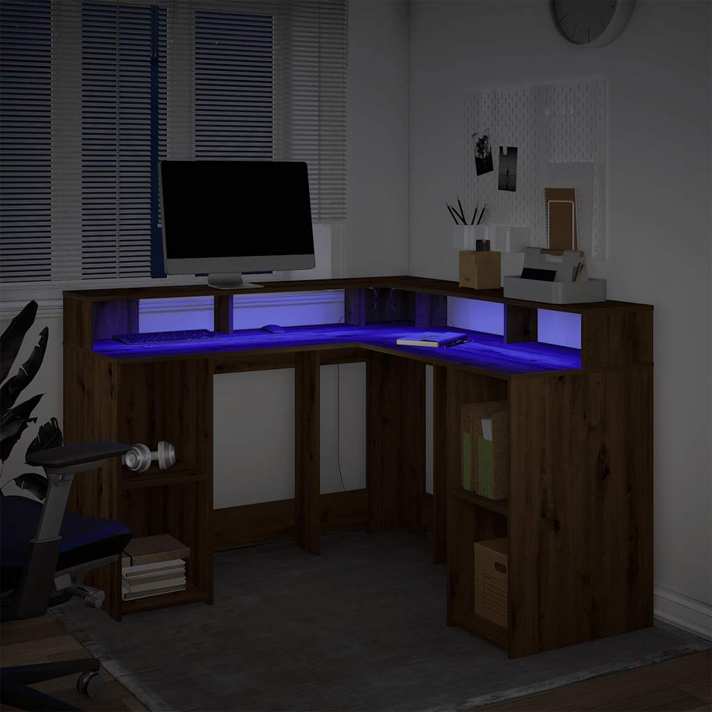 vidaXL Biurko z podświetleniem LED, dąb artisian, 130x130x91 cm