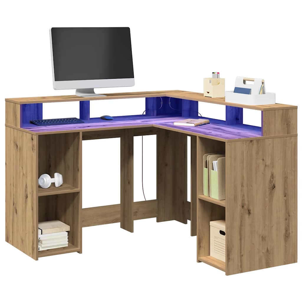 vidaXL Biurko z podświetleniem LED, dąb artisian, 130x130x91 cm