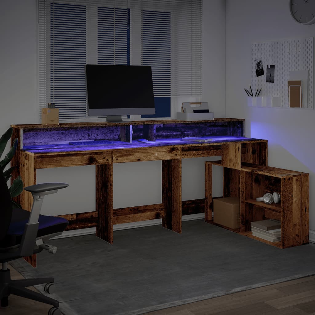 vidaXL Biurko z podświetleniem LED, stare drewno, 200x104x91 cm
