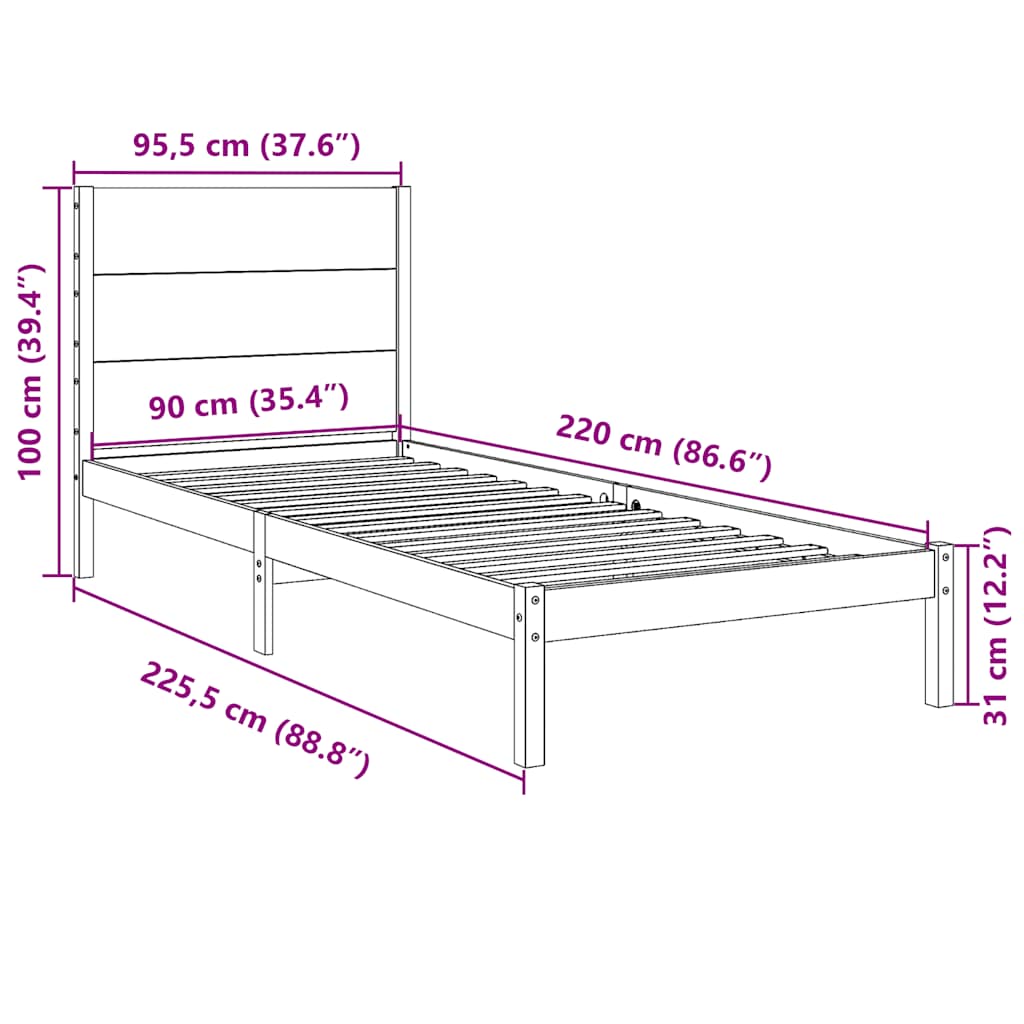 vidaXL Dłuższe łóżko bez materaca, 90x220 cm, lite drewno
