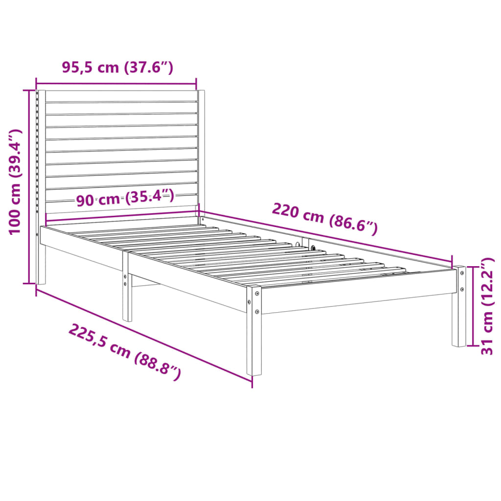 vidaXL Dłuższe łóżko bez materaca, 90x220 cm, lite drewno
