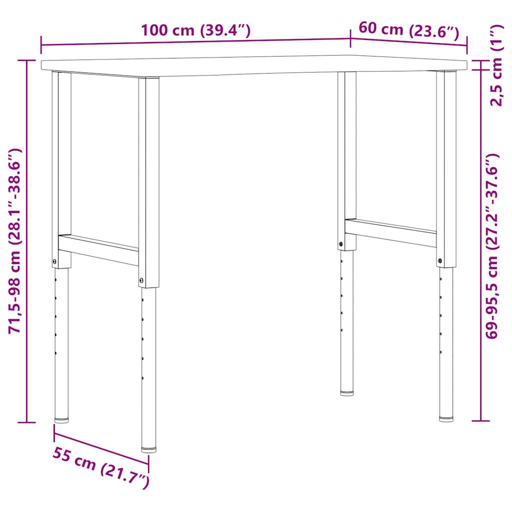 vidaXL Stolik roboczy, ciemny brąz, 100x60x(71,5-98) cm, drewno dębowe
