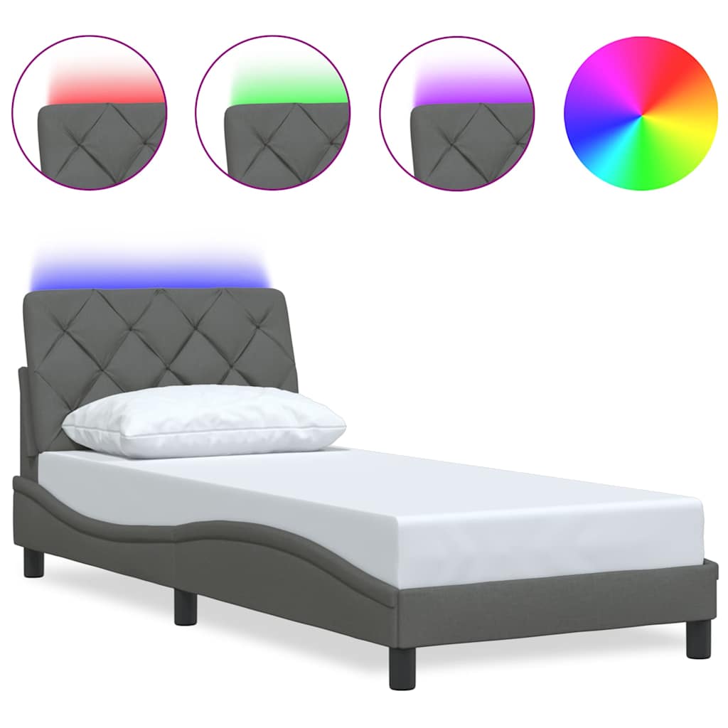 vidaXL Rama łóżka z LED bez materaca Ciemnoszara 90x190 cm Tkanina