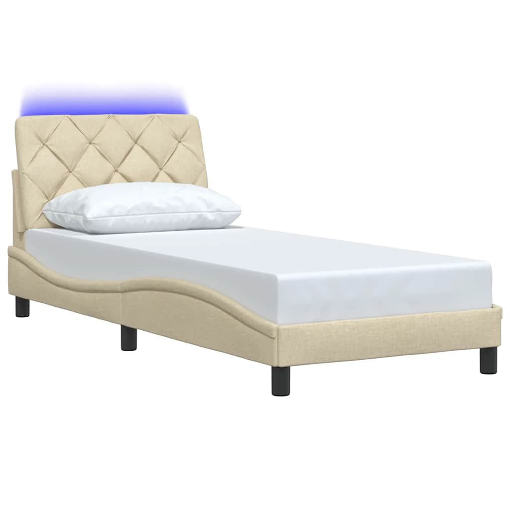 vidaXL Rama łóżka z LED bez materaca Kremowa 90x190 cm Tkanina