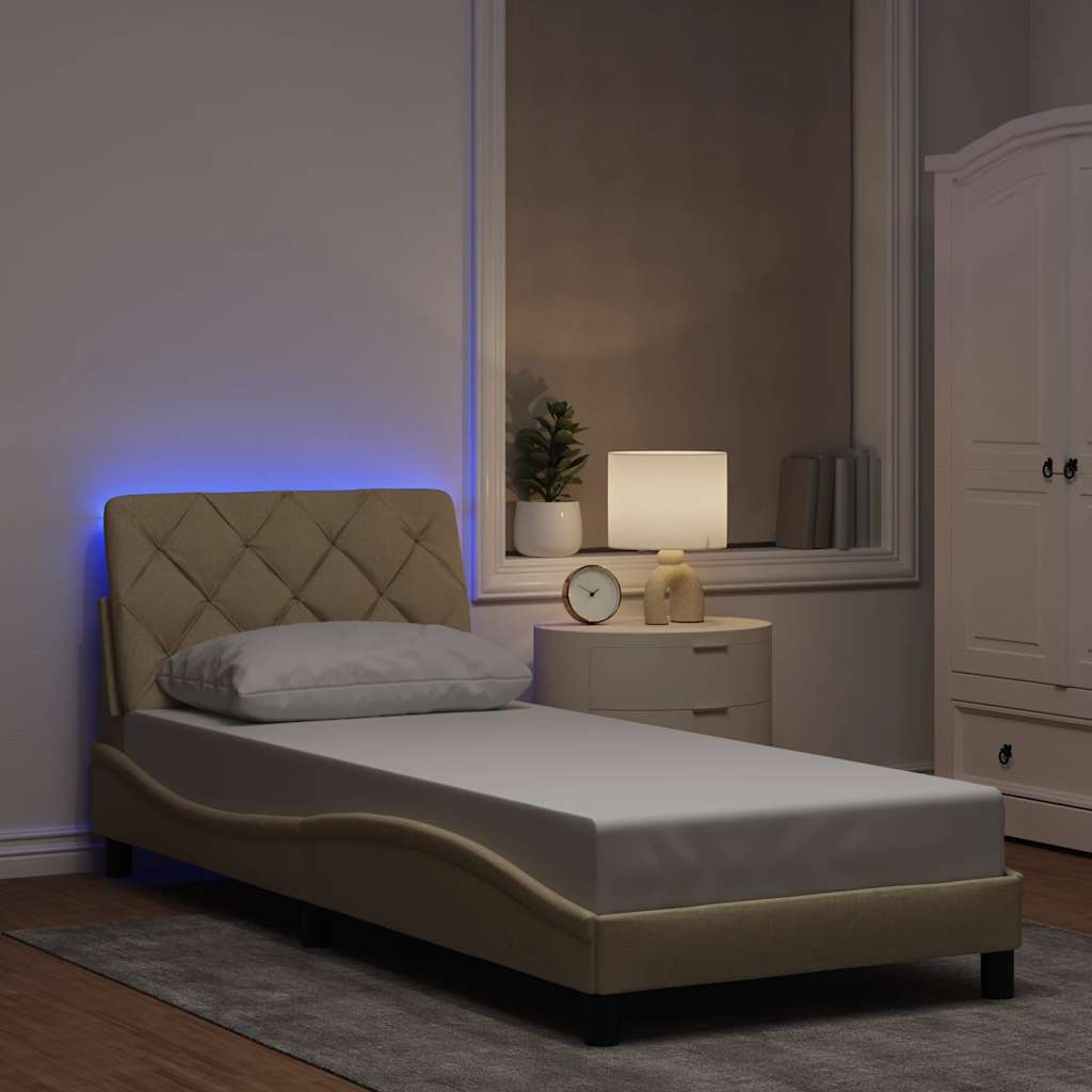vidaXL Rama łóżka z LED bez materaca Kremowa 90x190 cm Tkanina