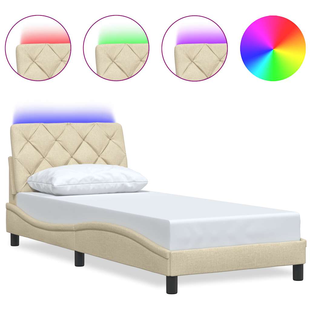 vidaXL Rama łóżka z LED bez materaca Kremowa 90x200 cm Tkanina