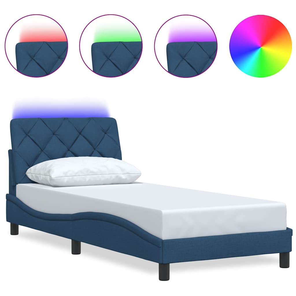 vidaXL Rama łóżka z LED bez materaca Niebieski 90x200 cm Tkanina