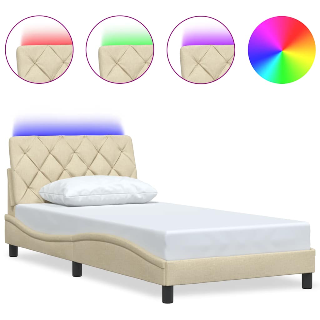 vidaXL Rama łóżka z LED bez materaca Kremowa 100x200 cm Tkanina