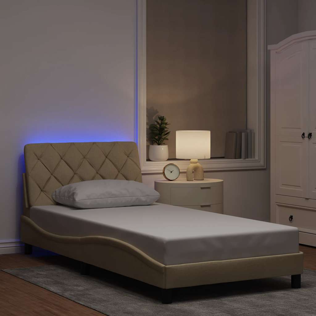 vidaXL Rama łóżka z LED bez materaca Kremowa 100x200 cm Tkanina