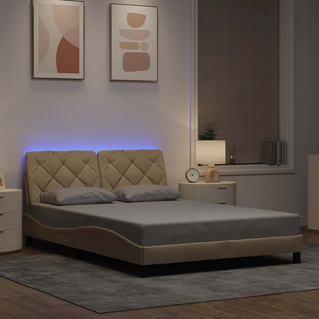 vidaXL Rama łóżka z LED bez materaca Kremowa 120x200 cm Tkanina
