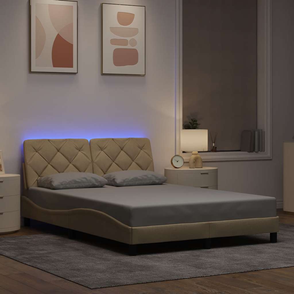 vidaXL Rama łóżka z LED bez materaca Kremowa 140x190 cm Tkanina