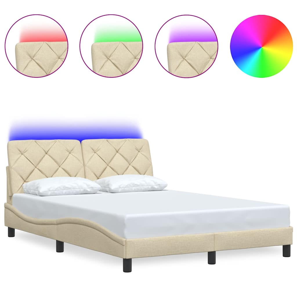 vidaXL Rama łóżka z LED bez materaca Kremowa 140x200 cm Tkanina