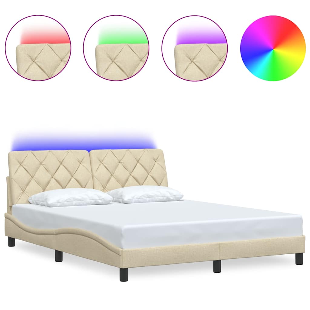 vidaXL Rama łóżka z LED bez materaca Kremowa 160x200 cm Tkanina