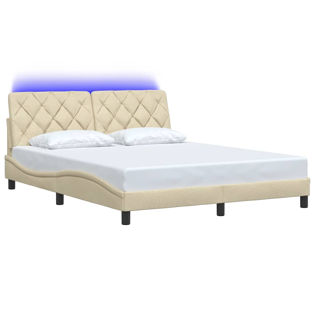 vidaXL Rama łóżka z LED bez materaca Kremowa 160x200 cm Tkanina