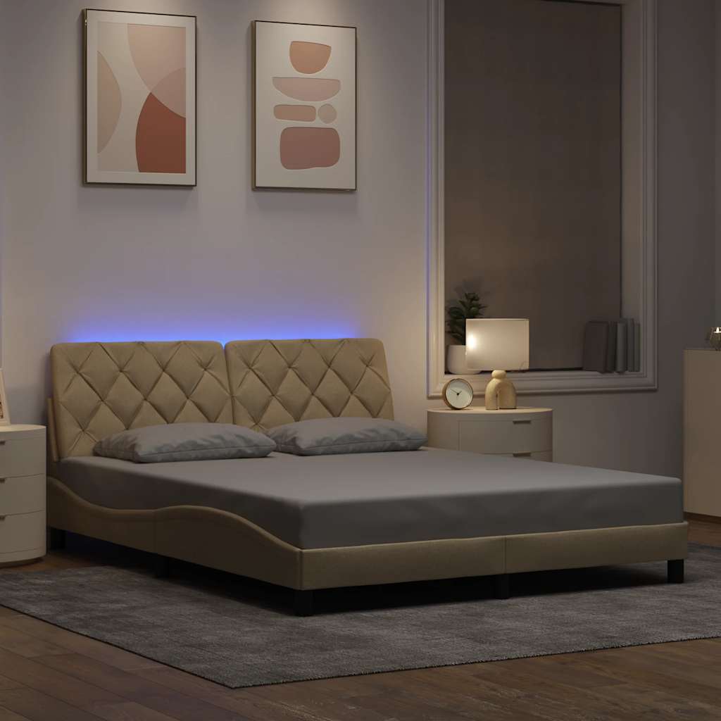 vidaXL Rama łóżka z LED bez materaca Kremowa 160x200 cm Tkanina